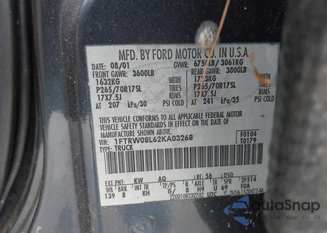 2002 Ford F-150 Lariat/Xlt z USA, uszkodzony, nr VIN 1FTRW08L62KA03268